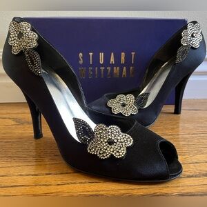 Stunning Stuart Weitzman Black Satin Heels with Rhinestone Flowers 10